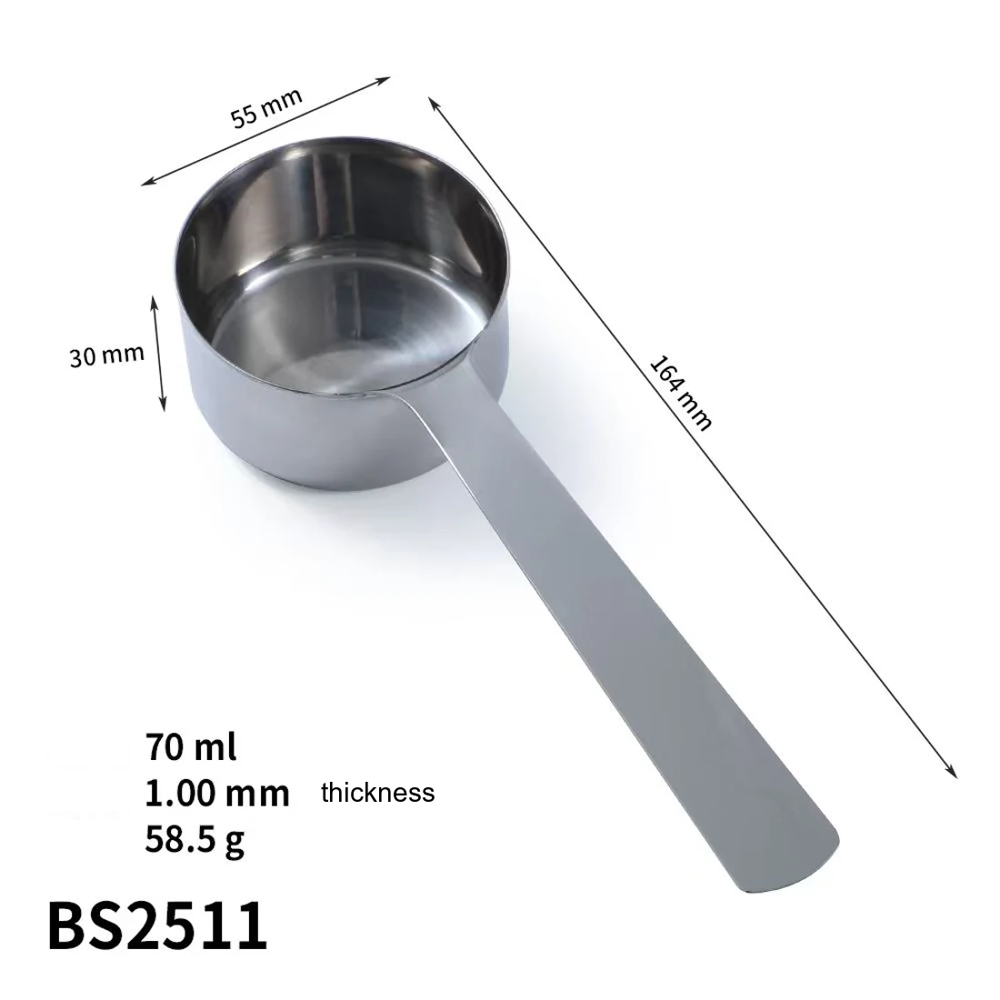 BS2511 70 ml measuring scoop drawing, 164 × 55 × 30 mm