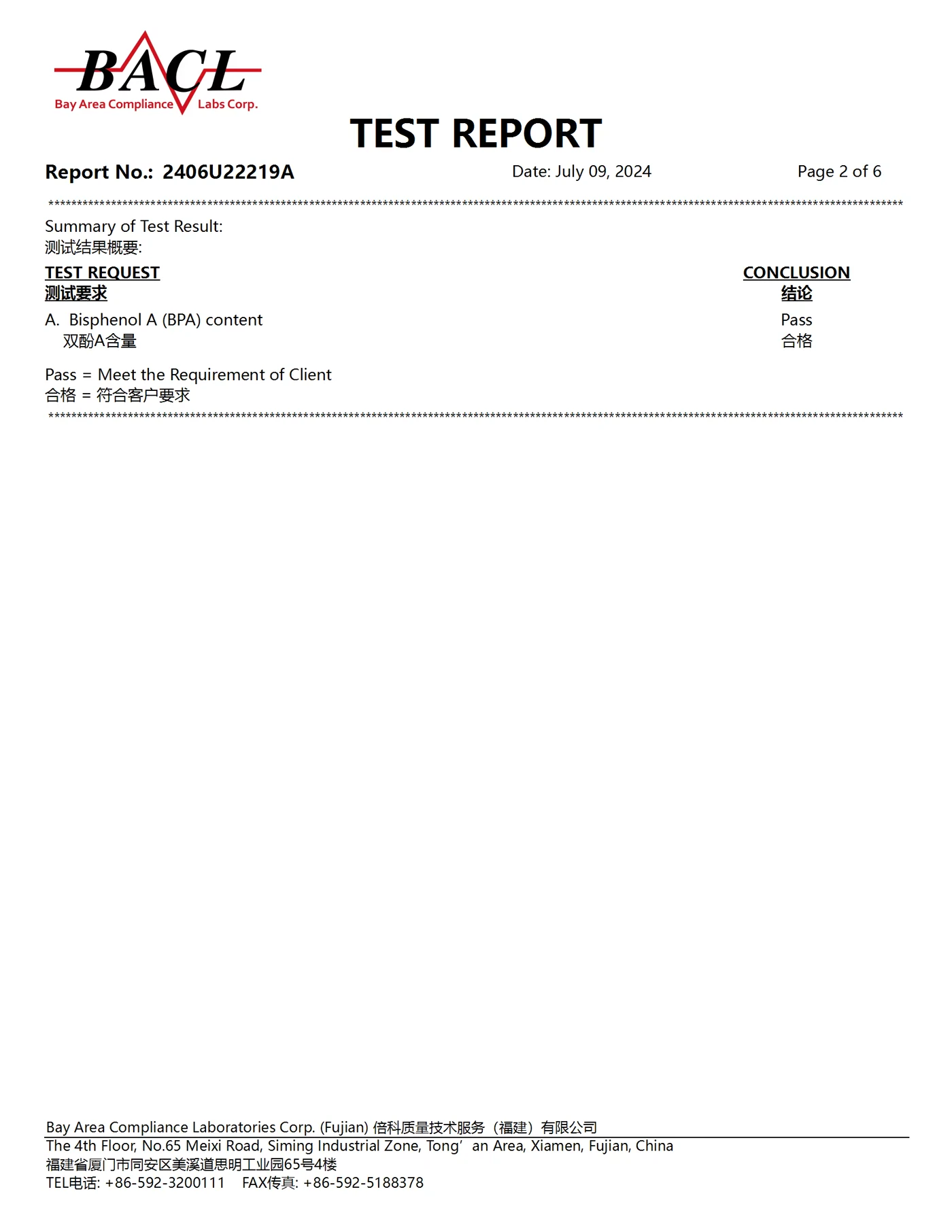 BPA test report preview for a cutlery set