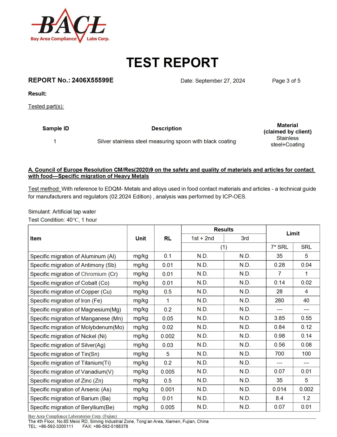 CM RES report preview for a 50 millilitre stainless-steel measuring spoon