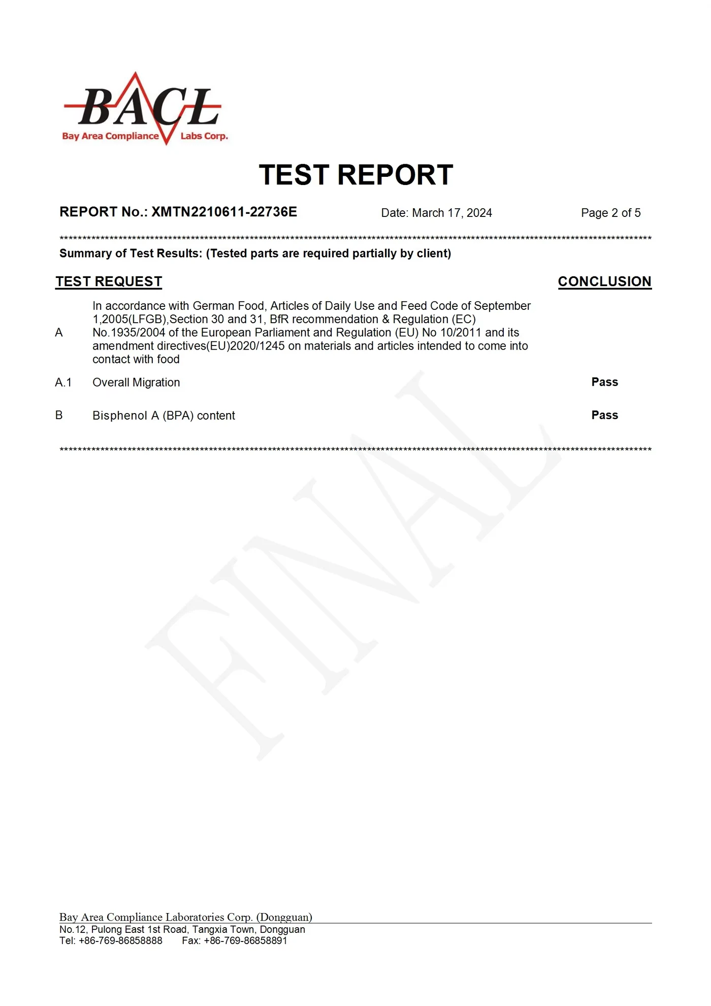 Food-contact test report preview for a wheat-fiber cutlery set