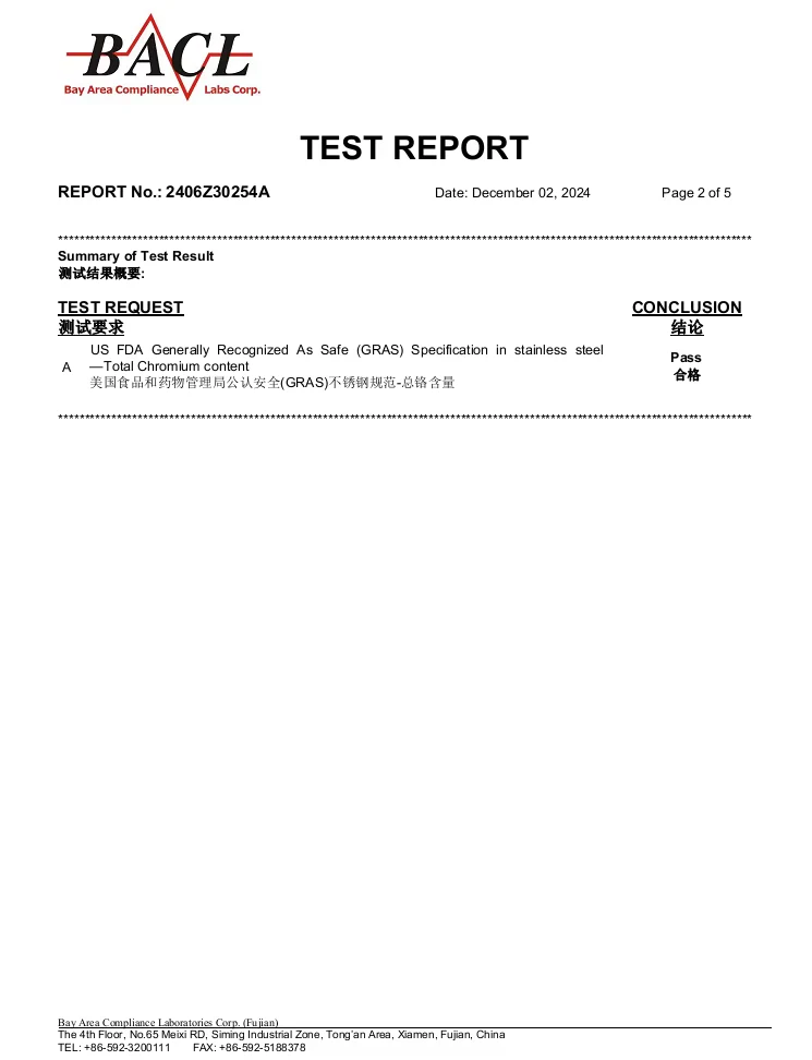 FDA GRAS test report preview for a stainless-steel measuring spoon