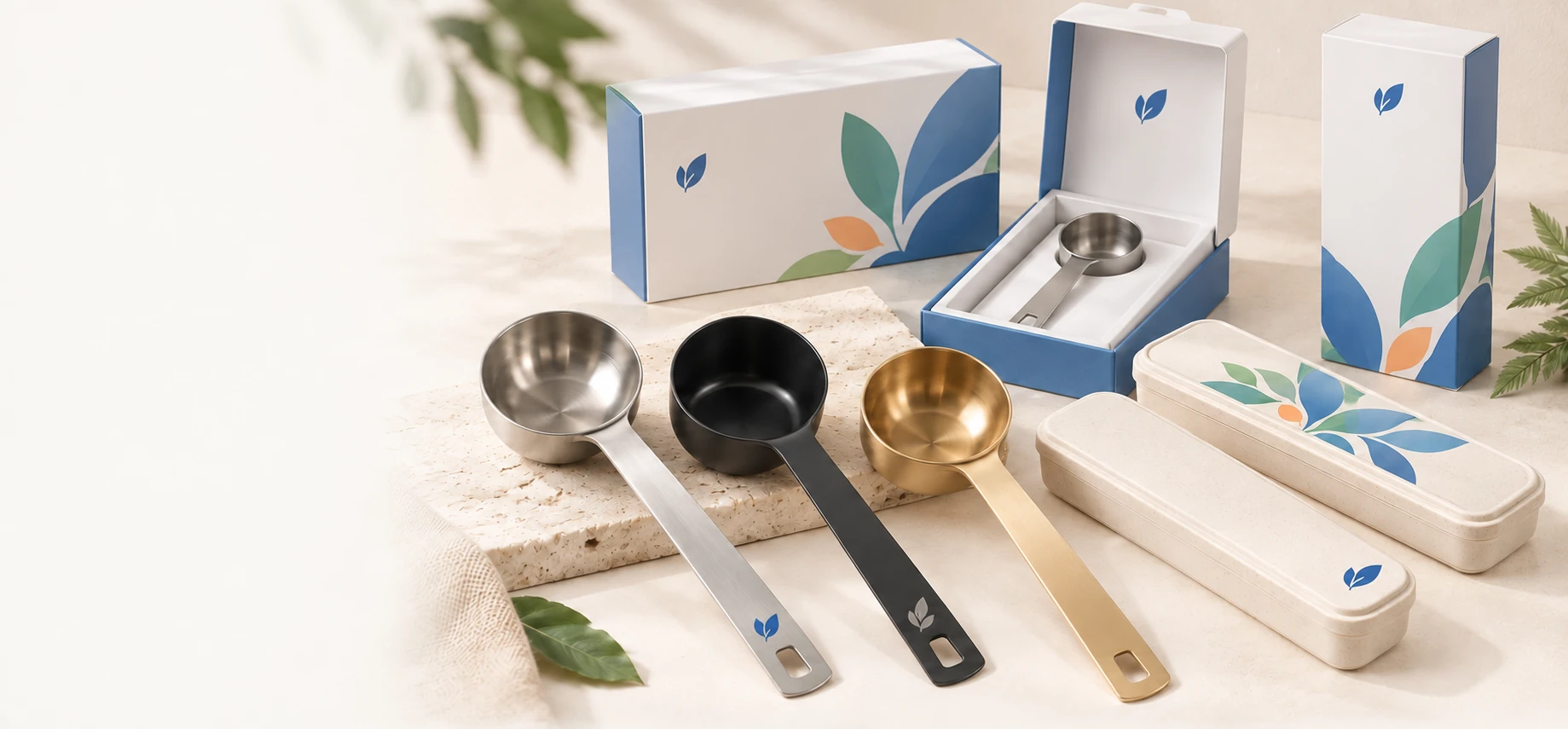 Silver, black and gold measuring scoops with matching branded gift boxes and printed cutlery cases