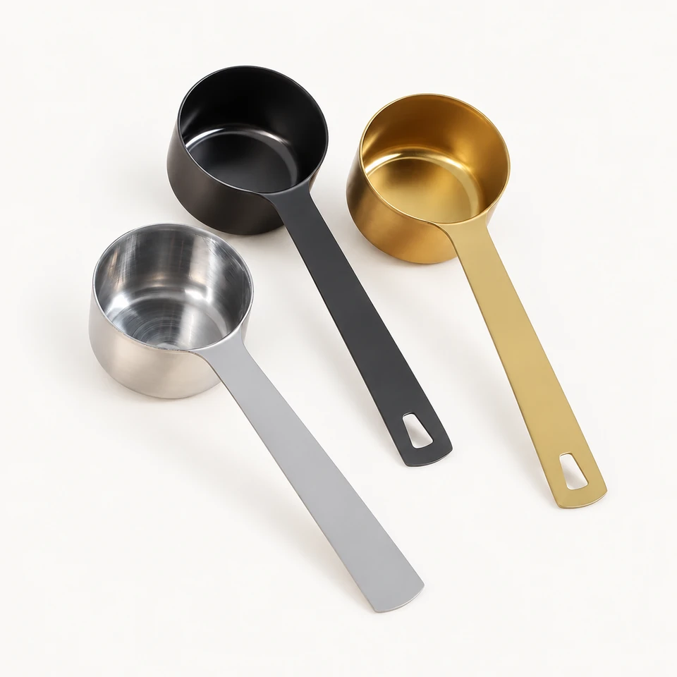 Silver and black 60 ml measuring scoops with long handles