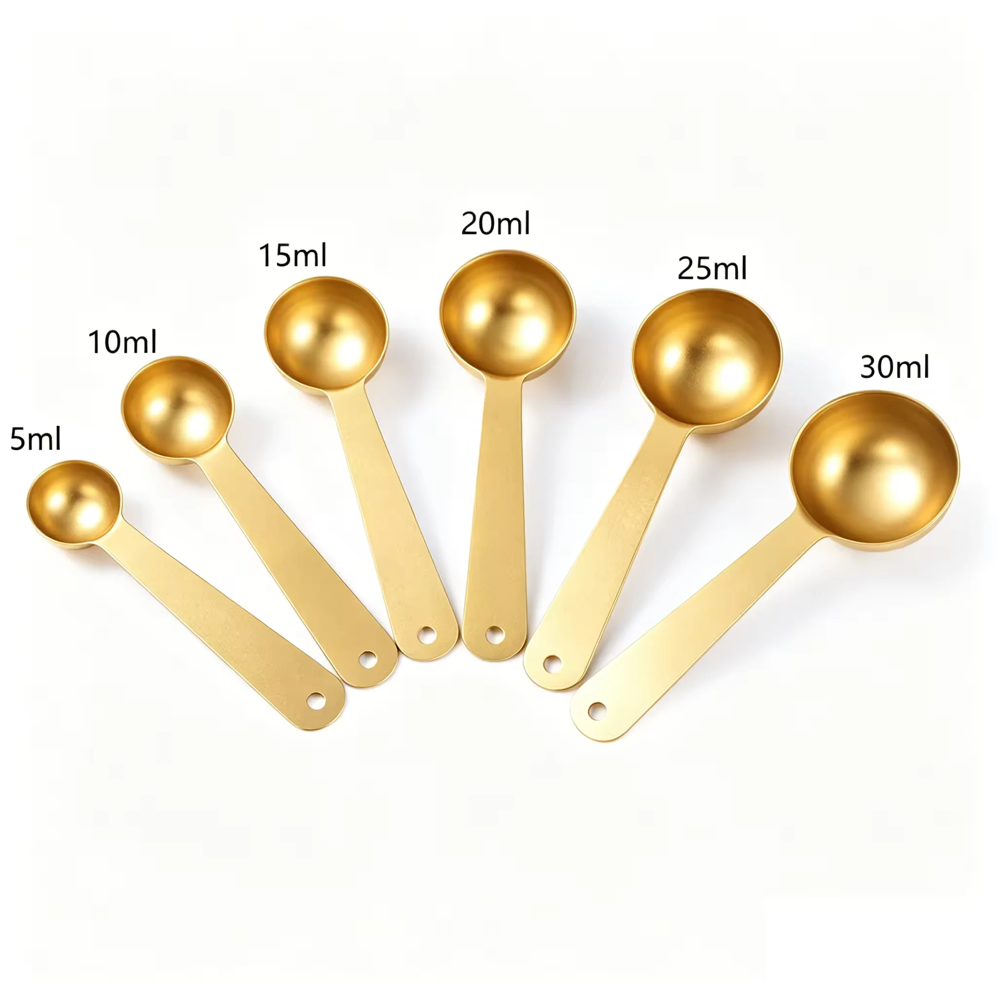 A group of colored 20 millilitre measuring scoops made from 430 stainless steel
