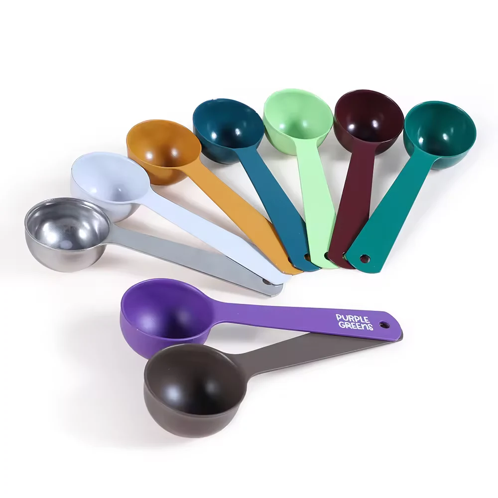 A fan of measuring scoops in multiple colors and capacities